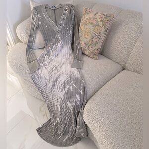 Free People FP Beach faded 🫒 Grey Green Splatter Dye Maxi Dress Long Sleeve XS